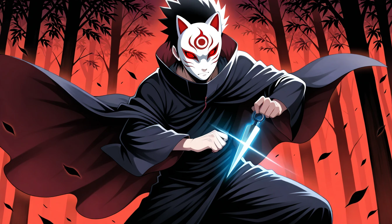 Anime wallpaper for prompt: Itachi battling shadowy figures in a glowing forest.