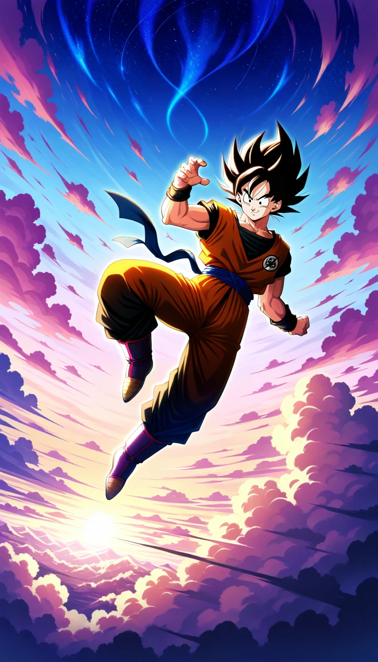 Anime wallpaper for prompt: Goku on Nimbus, soaring over colorful clouds at sunset.