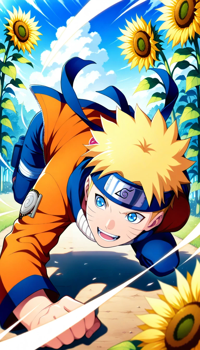 Anime wallpaper for prompt: Naruto running through a sunflower field, sunlight casting shadows.