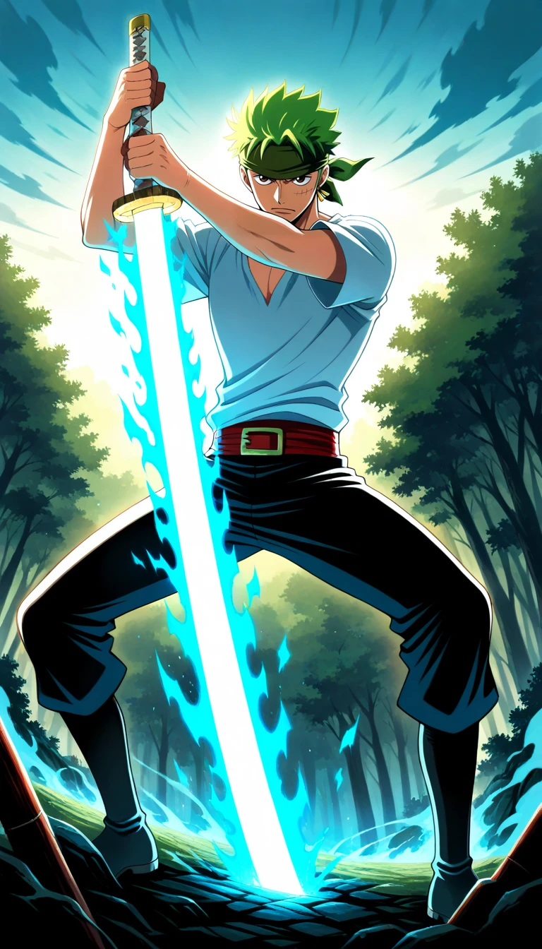 Anime wallpaper for prompt: Zoro alone in a misty valley, katana faintly glowing in the fog.