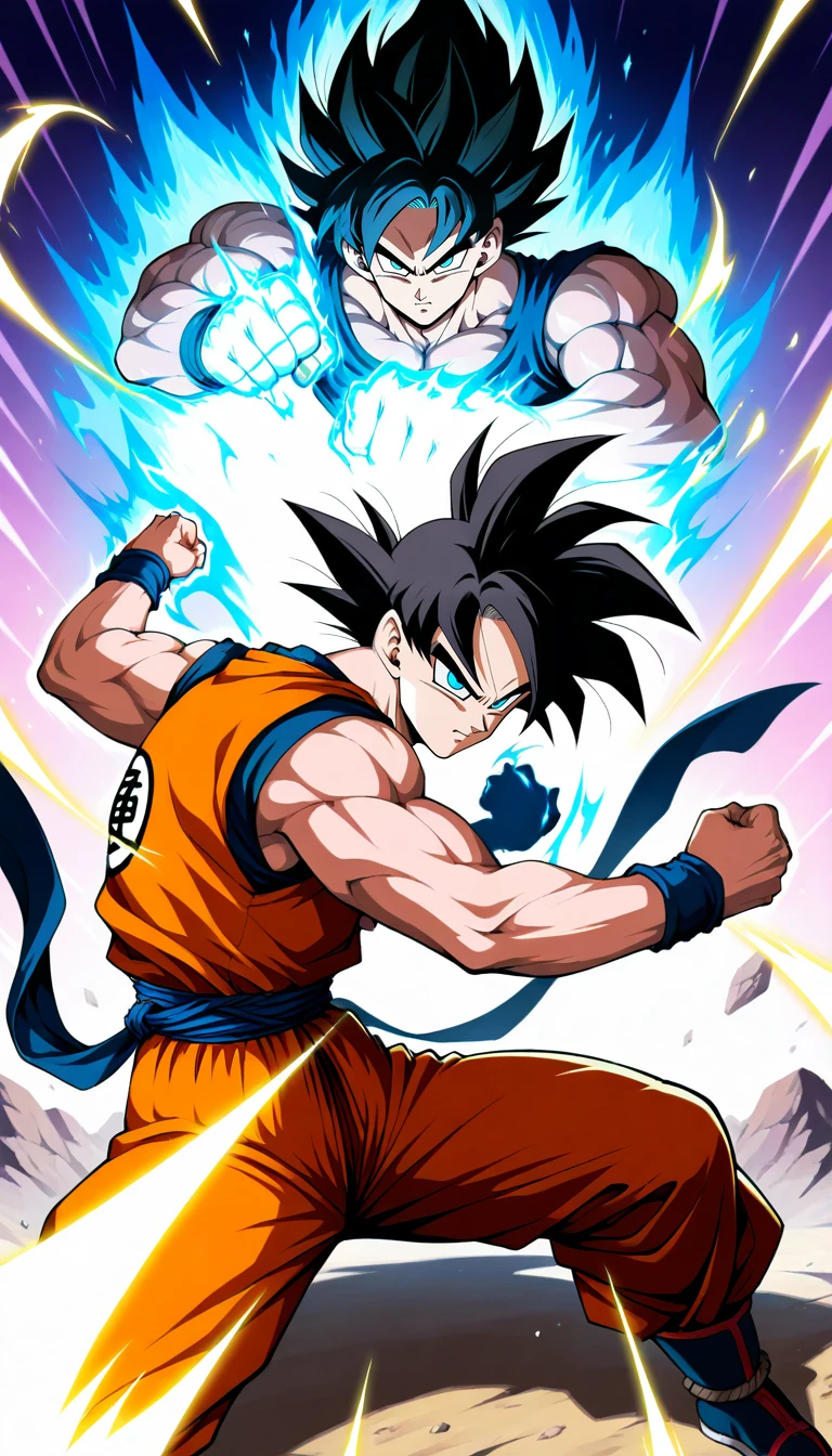 Anime wallpaper for prompt: Goku sparring with his shadow clone in a glowing blue dimension.
