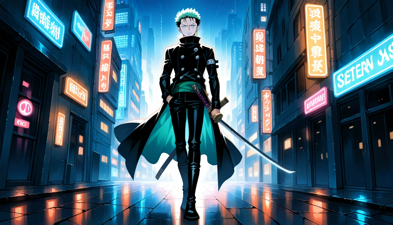 Anime wallpaper for prompt: Zoro walking through a neon-lit cyberpunk city, swords gleaming.
