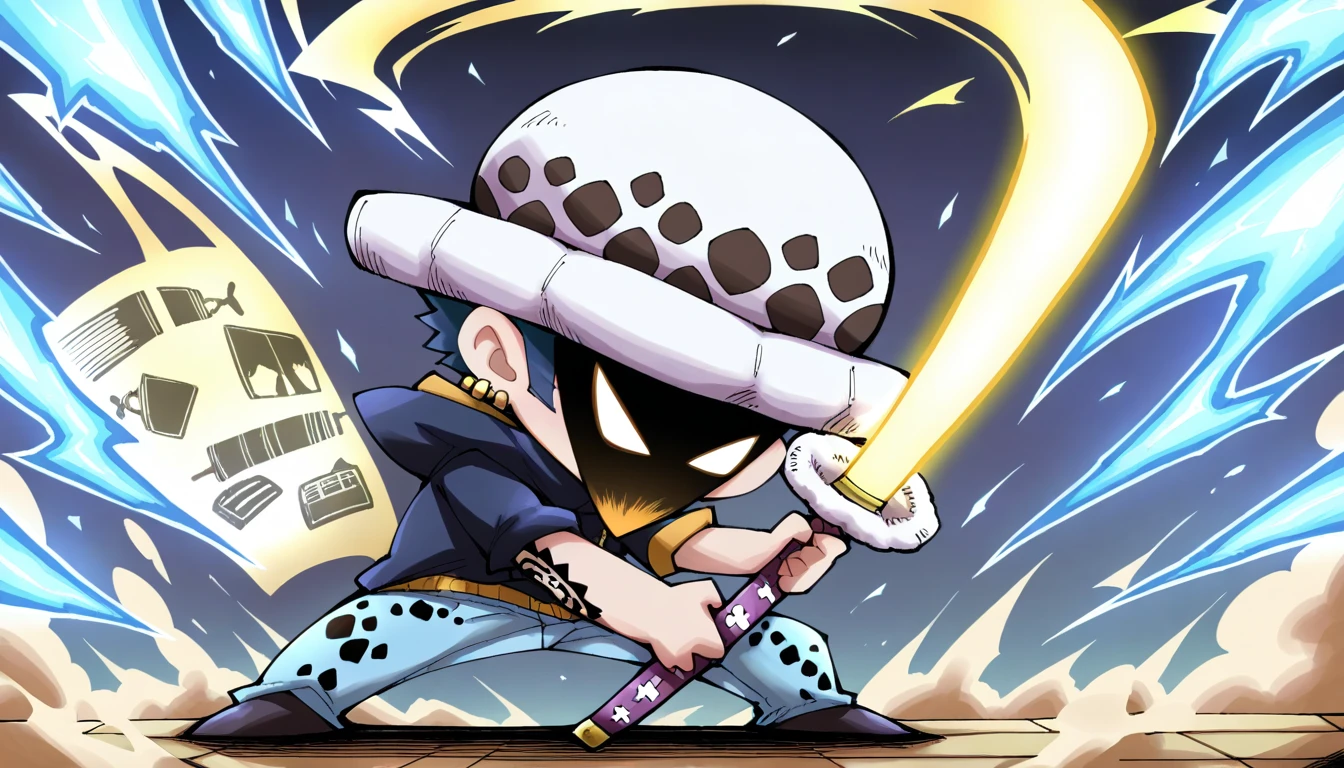Anime wallpaper for prompt: Chibi Trafalgar Law leaning against his sword, surrounded by cartoonish medical tools and glowing diagrams.