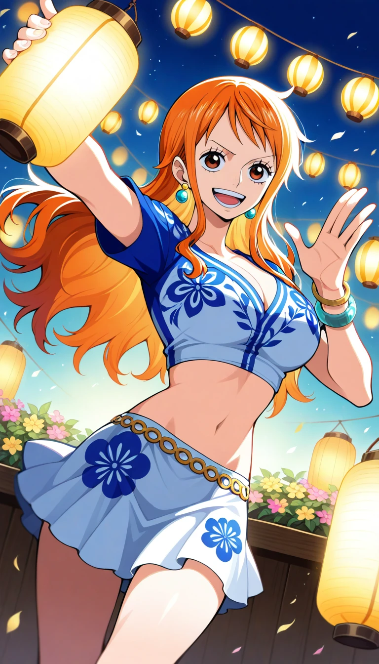 Anime wallpaper for prompt: Nami dancing in a lively festival, surrounded by glowing lanterns.