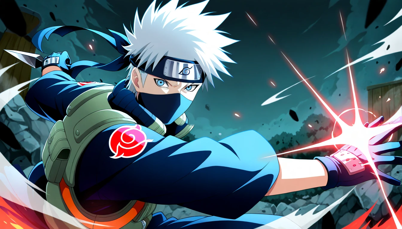 Anime wallpaper for prompt: Kakashi blocking an attack mid-battle, sparks flying from kunai clash.