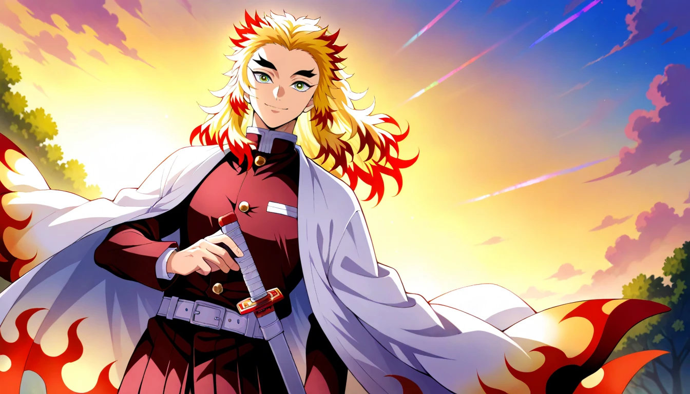 Anime wallpaper for prompt: Rengoku smiling with sword on his shoulder at sunrise.