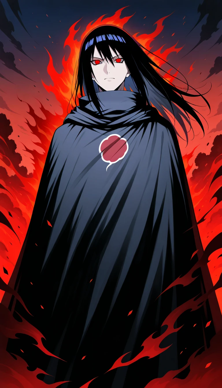 Anime wallpaper for prompt: Itachi on a desolate battlefield, black flames scattered across the ground.