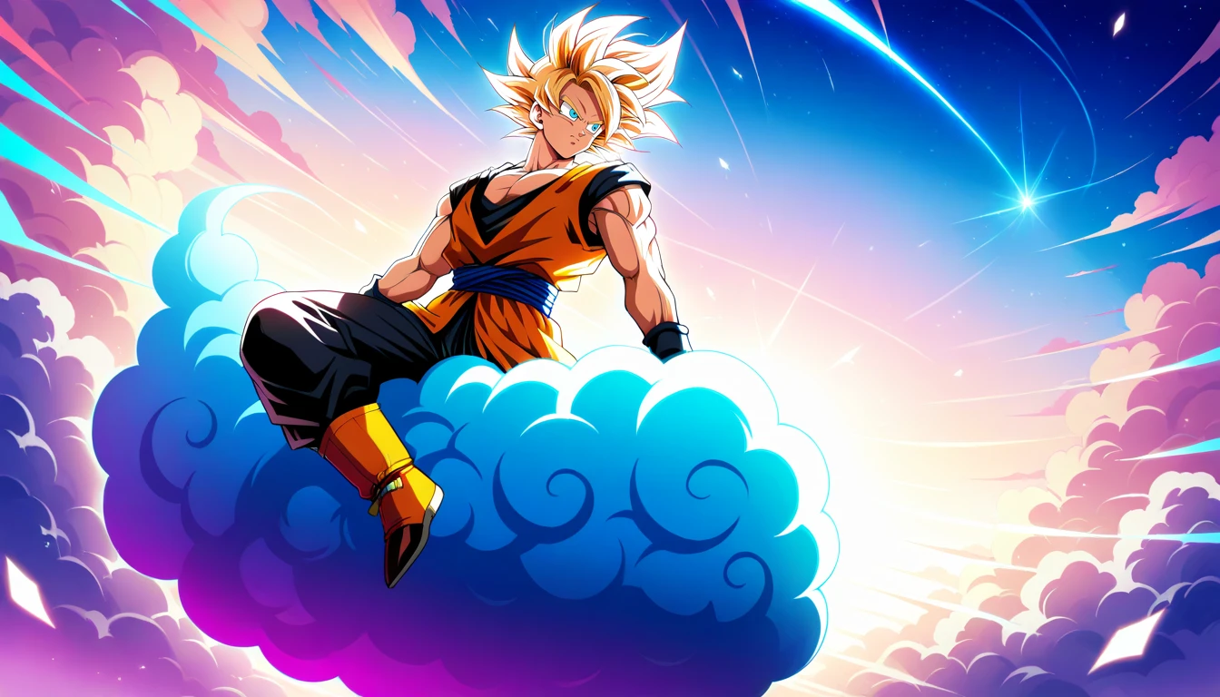 Anime wallpaper for prompt: Goku on Nimbus, soaring over colorful clouds at sunset.