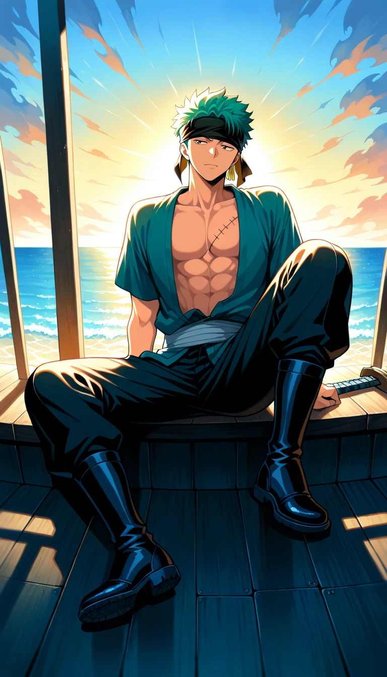 Anime wallpaper for prompt: Zoro sitting on Thousand Sunny├ó┬Ç┬Ös deck, three swords resting at sunset.