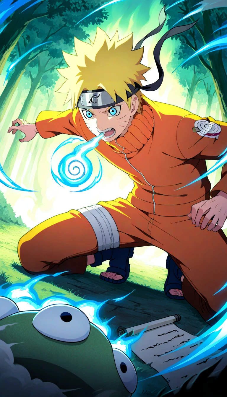 Anime wallpaper for prompt: Naruto performing a summoning jutsu, a toad emerging from a vortex.