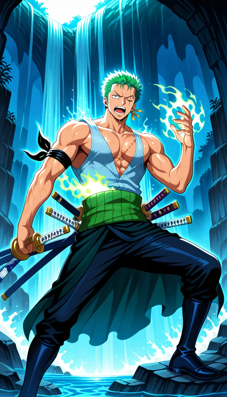 Anime wallpaper for prompt: Zoro training near a roaring waterfall, mist glowing in soft sunlight.