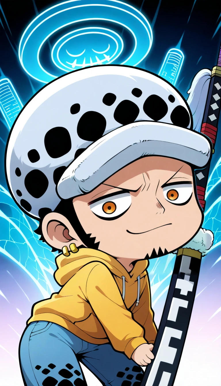 Anime wallpaper for prompt: Chibi Trafalgar Law leaning against his sword, surrounded by cartoonish medical tools and glowing diagrams.