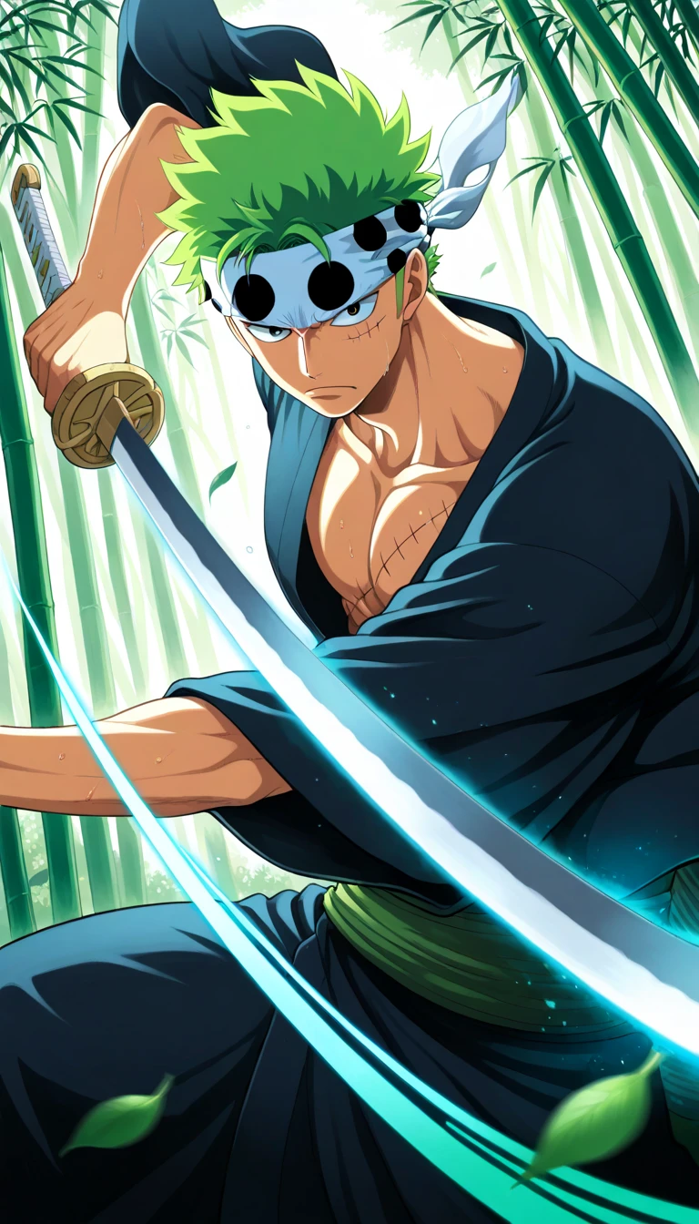 Anime wallpaper for prompt: Zoro training in a bamboo forest, slashing stalks with precision.