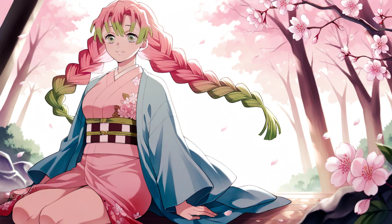 Anime wallpaper for prompt: Mitsuri meditating under a glowing cherry blossom tree.