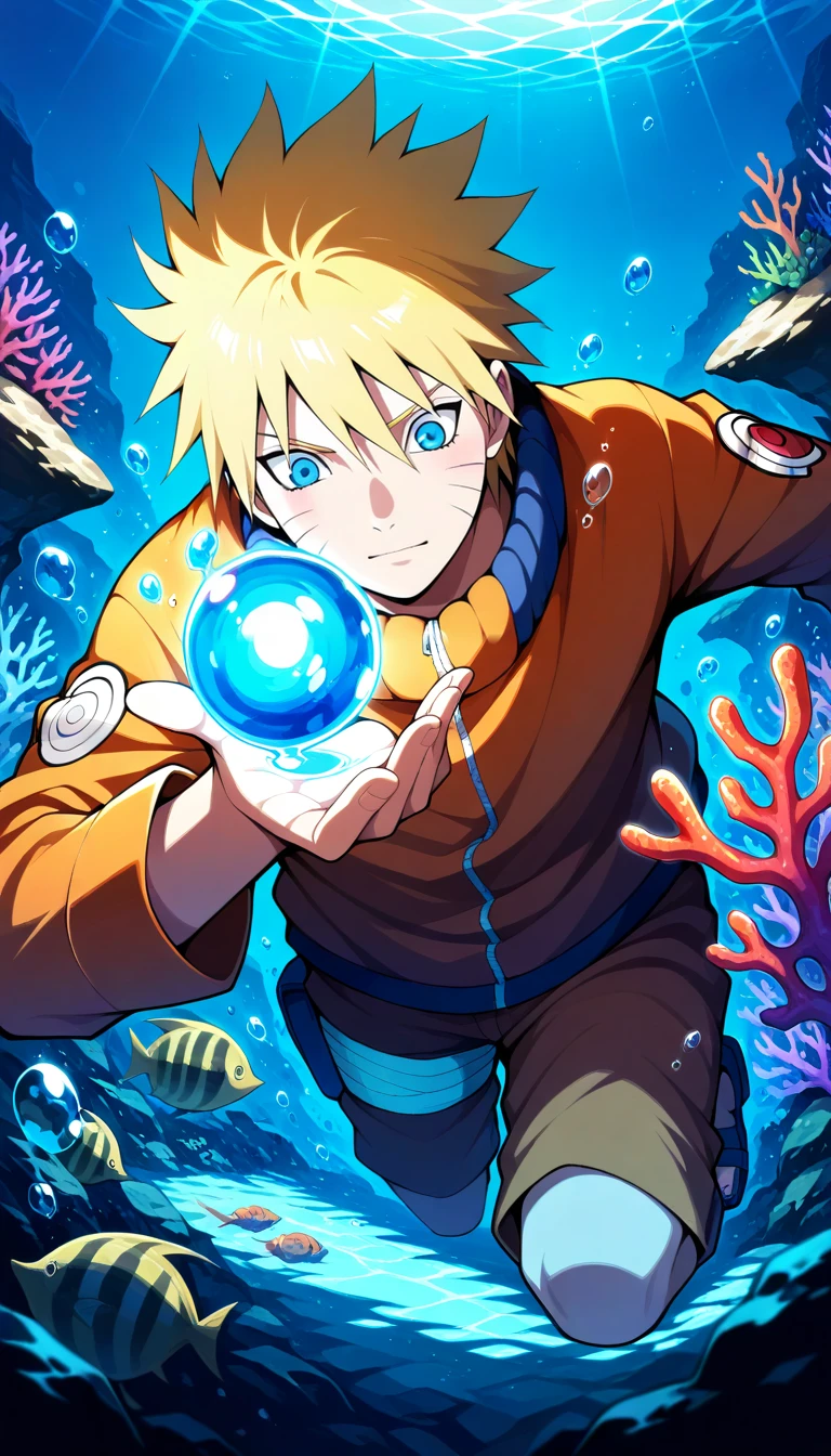 Anime wallpaper for prompt: Naruto exploring an underwater reef, glowing in a chakra bubble.