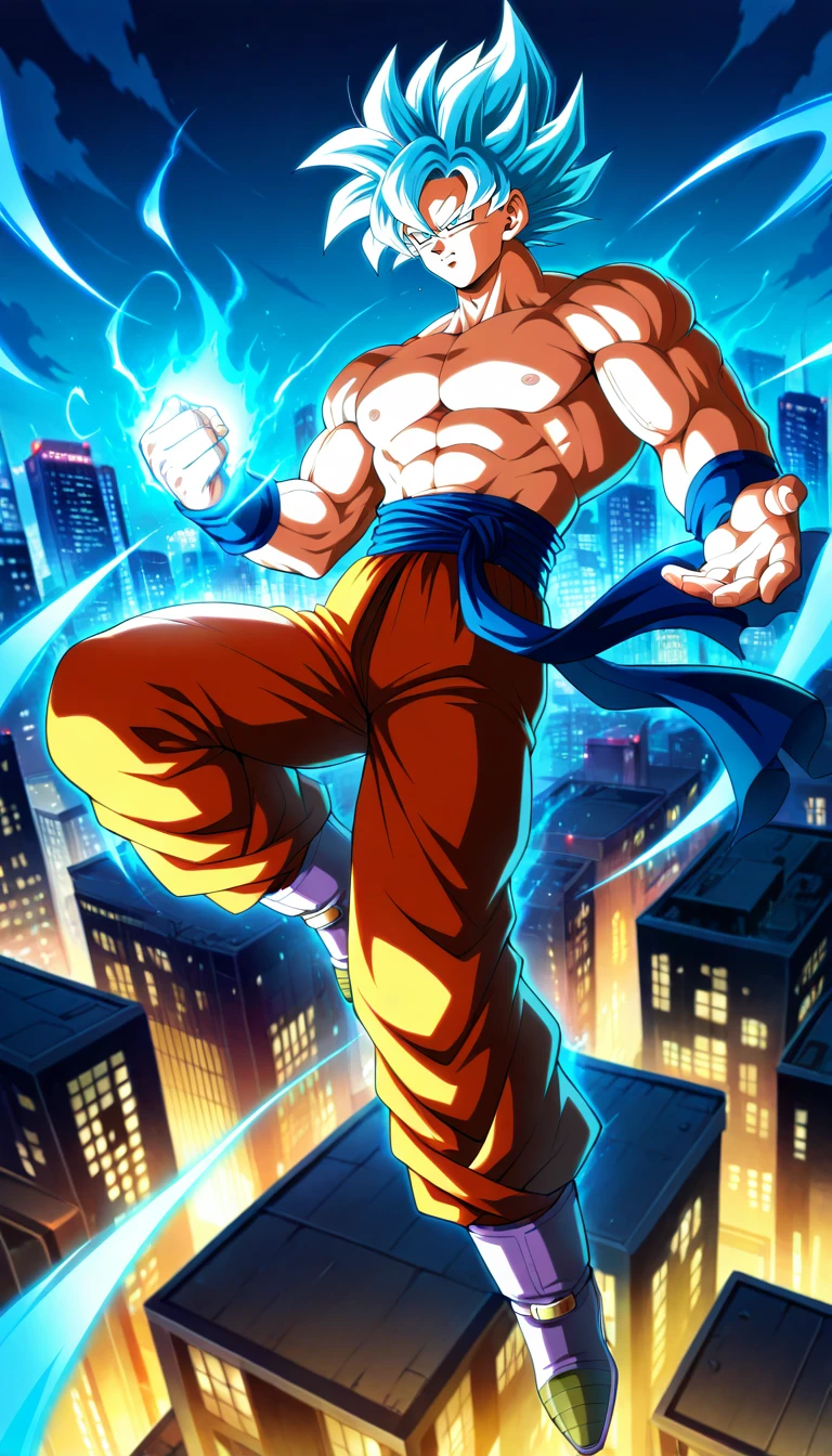 Anime wallpaper for prompt: Goku flying over a futuristic city, surrounded by glowing skyscrapers.