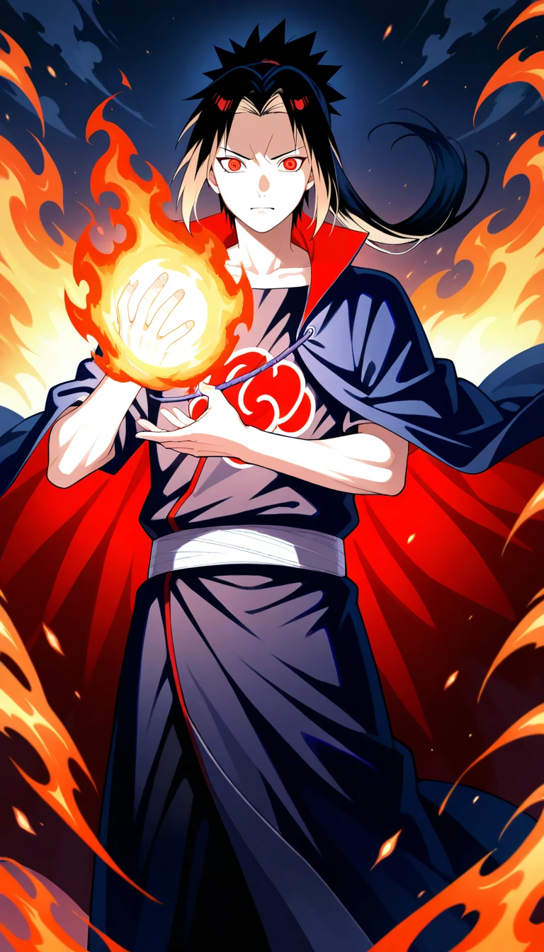Anime wallpaper for prompt: Itachi performing fireball jutsu, flames illuminating the night.