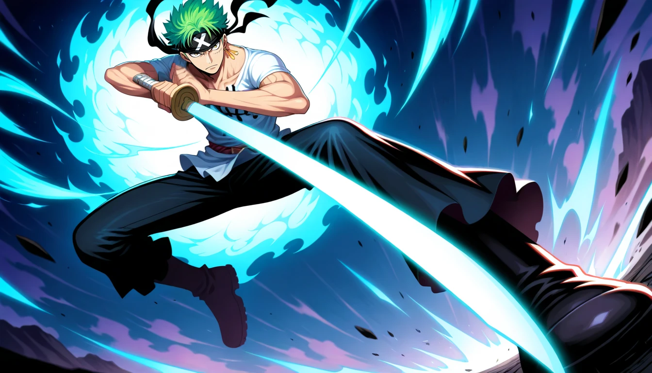 Anime wallpaper for prompt: Zoro mid-air, performing a glowing three-sword attack.