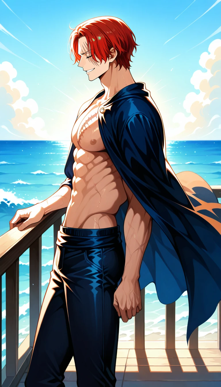 Anime wallpaper for prompt: Shanks leaning on the rail, smiling confidently in the ocean breeze.