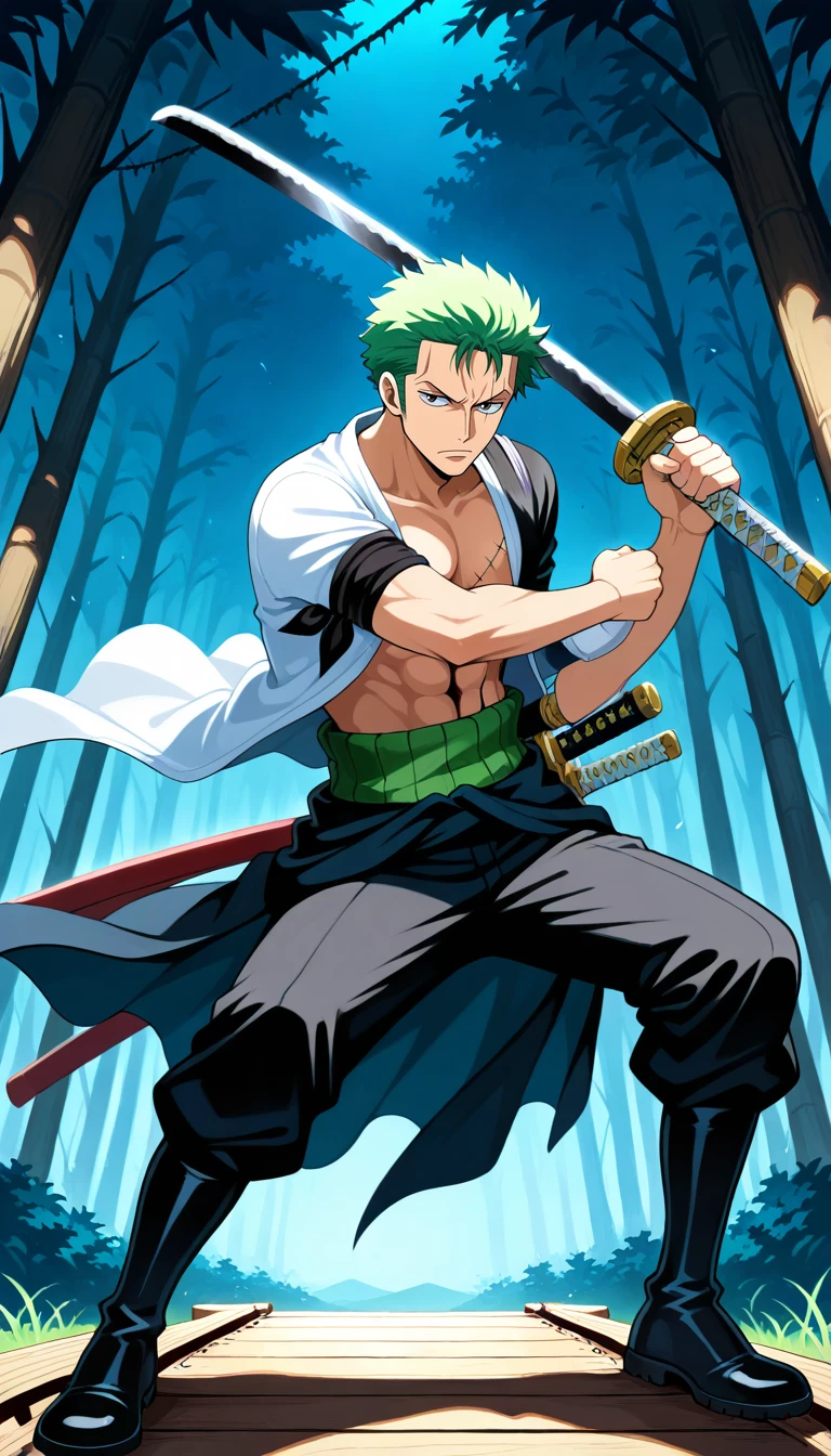 Anime wallpaper for prompt: Zoro crossing a rope bridge, confidently carrying three swords.