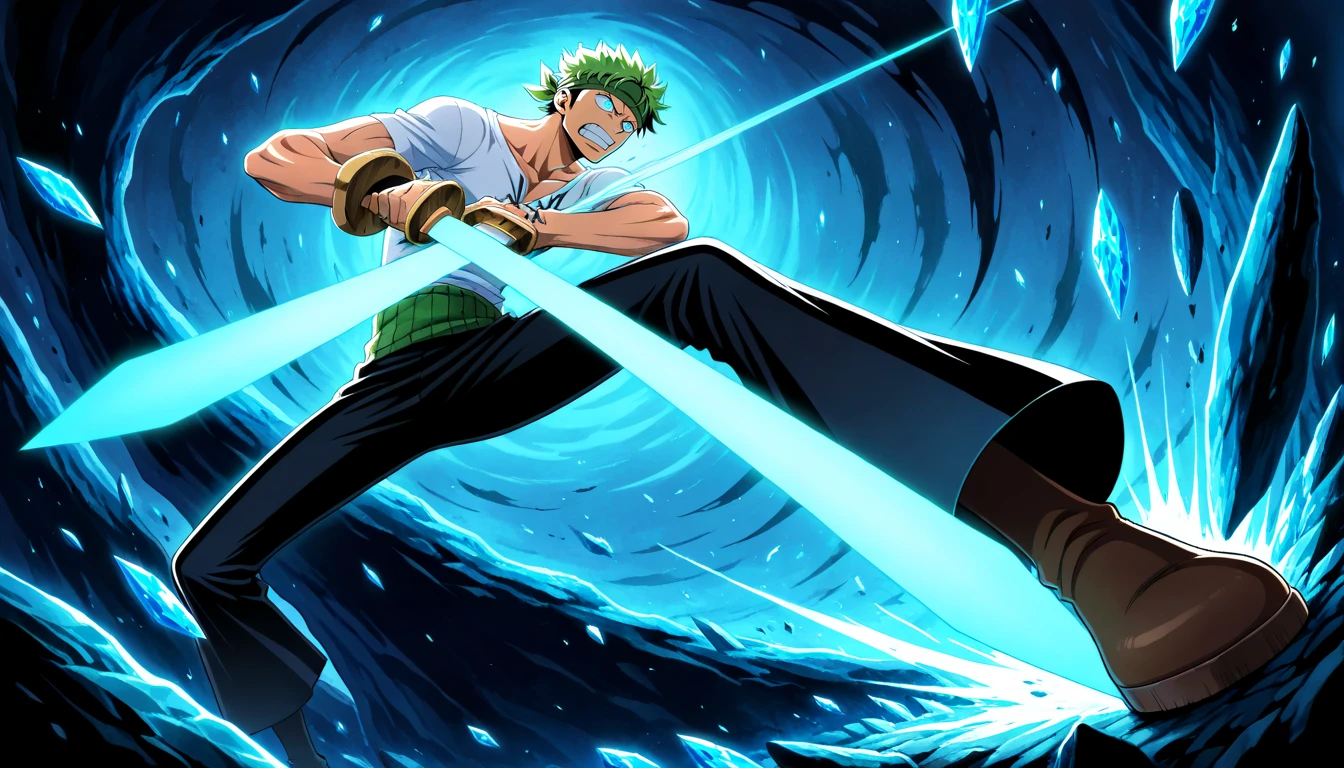 Anime wallpaper for prompt: Zoro spinning swords in a glowing crystal cavern, shards scattering.