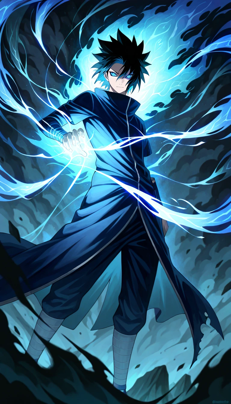 Anime wallpaper for prompt: Sasuke performing Susanoo attack, spectral warrior towering above him.