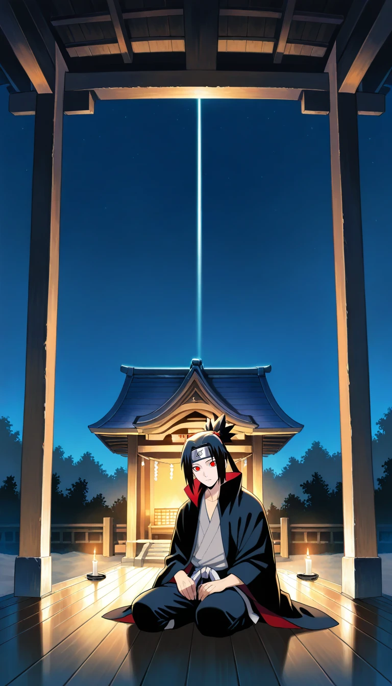 Anime wallpaper for prompt: Itachi kneeling in a Zen garden, glowing candles lighting the shrine.