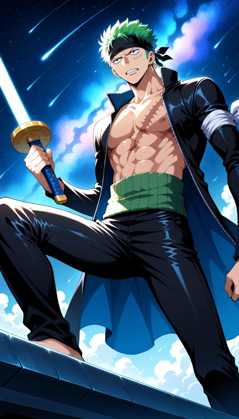 Anime wallpaper for prompt: Zoro standing on a floating platform in space, holding glowing swords.