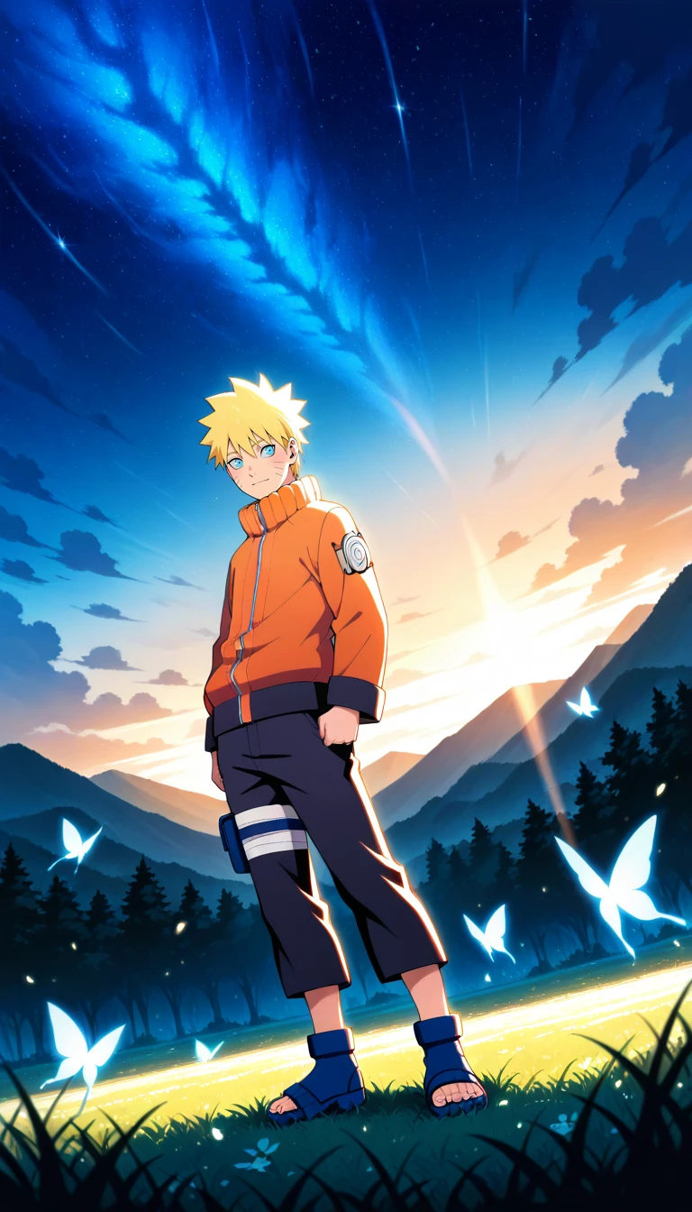 Anime wallpaper for prompt: Naruto in a meadow with glowing butterflies, dusk enveloping him.