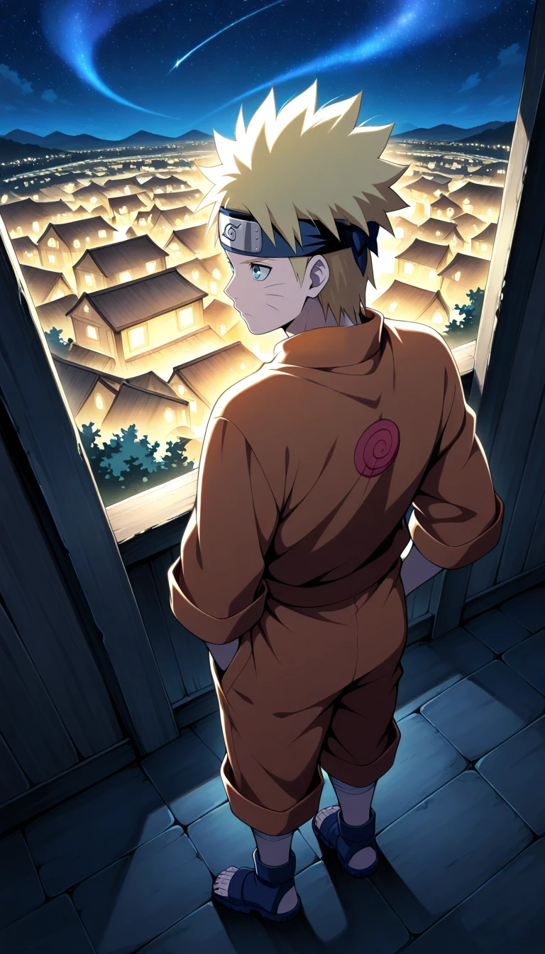 Anime wallpaper for prompt: Naruto on the Hokage monument, gazing at a starry Hidden Leaf sky.