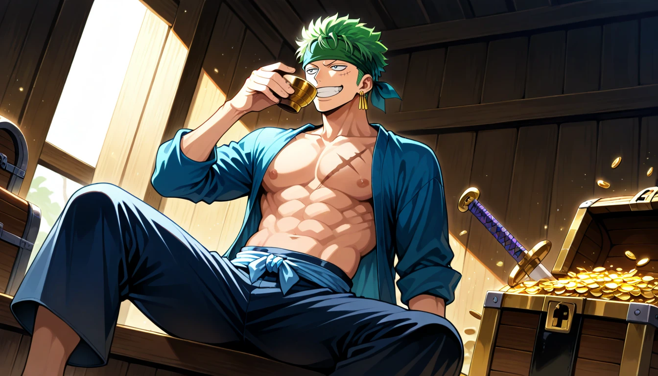 Anime wallpaper for prompt: Zoro drinking sake on a treasure chest, mischievous grin amid gold.