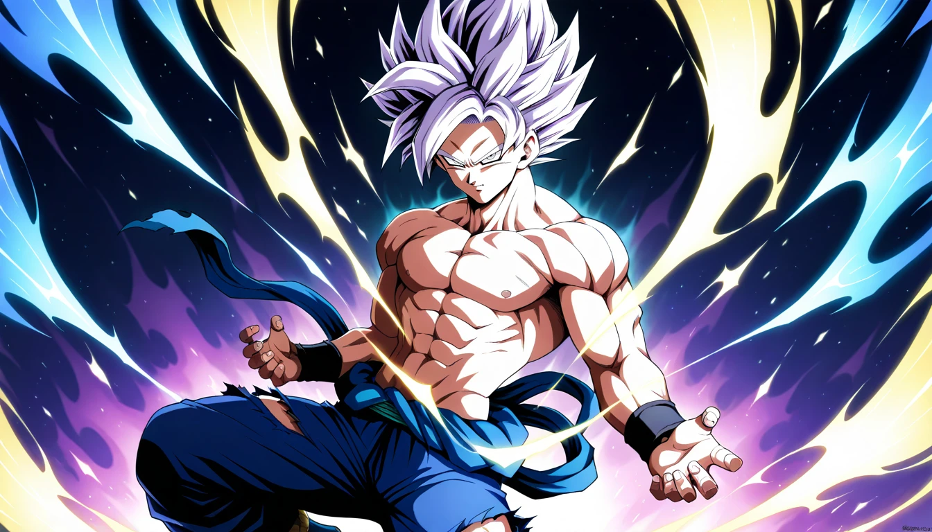 Anime wallpaper for prompt: Goku in Ultra Instinct form, aura radiating in a dark void.