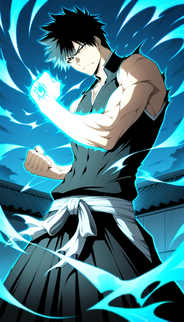 Anime wallpaper for prompt: Ichigo preparing a Getsuga Tensho, energy spiraling around his blade.