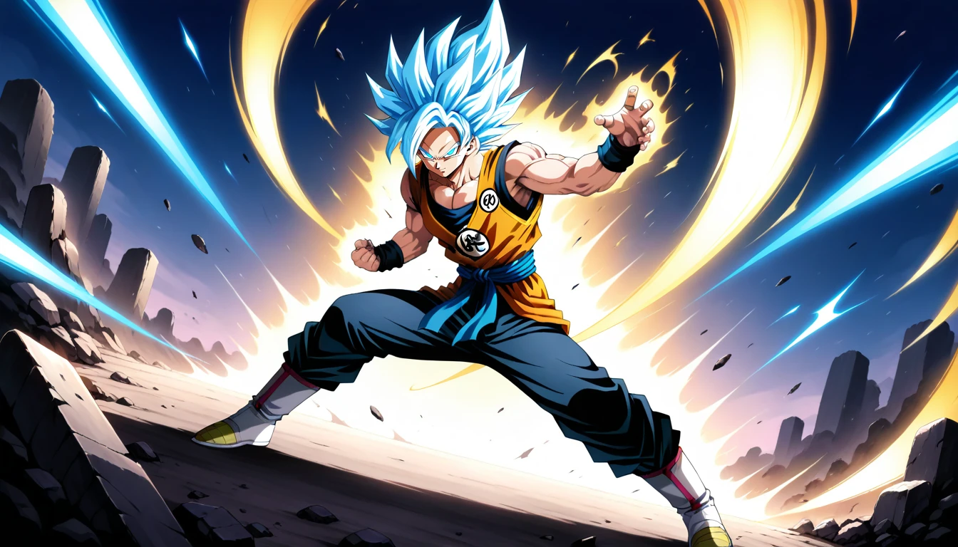 Anime wallpaper for prompt: Goku gripping his sword in a futuristic battlefield, glowing lights around.