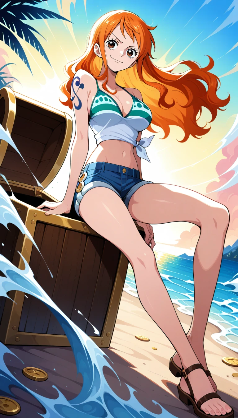 Anime wallpaper for prompt: Nami atop a treasure chest on a deserted island, confident as waves crash.