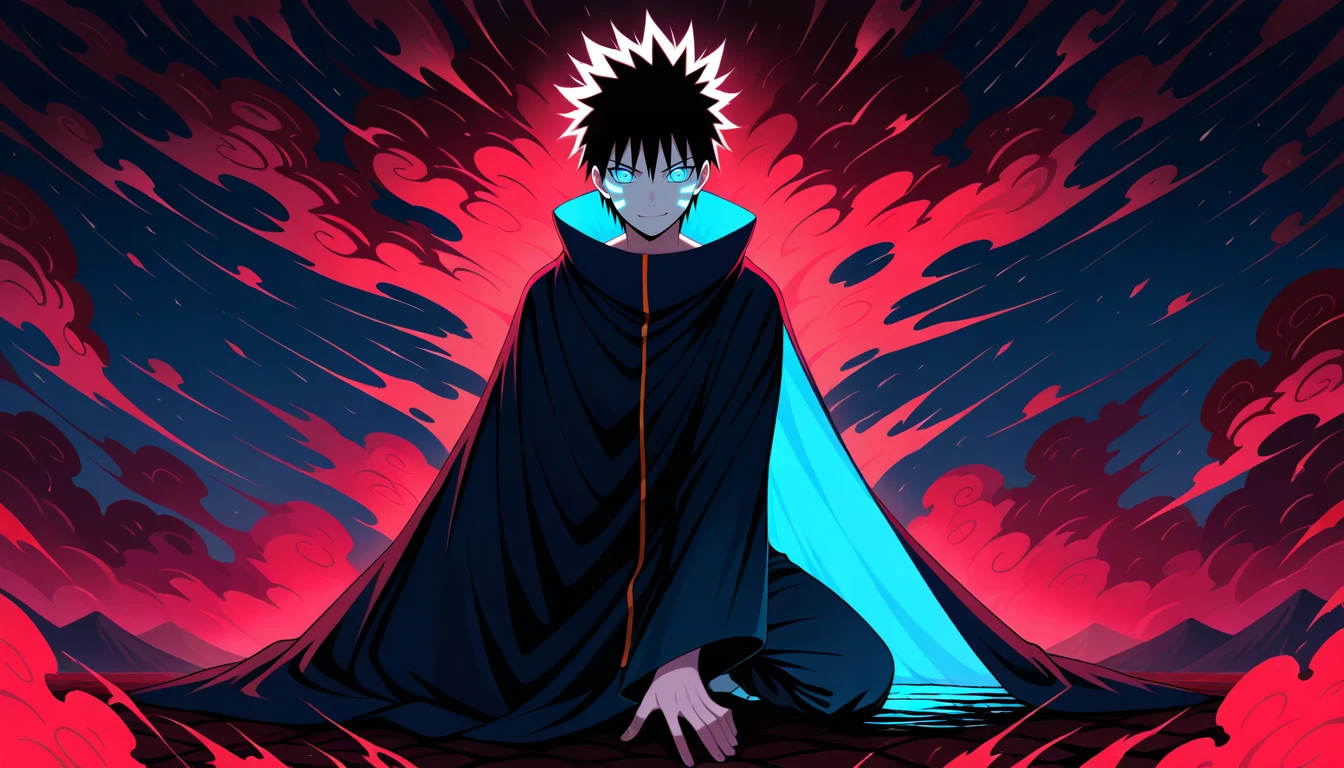 Anime wallpaper for prompt: Itachi kneeling in a glowing forest, surrounded by bioluminescent plants.