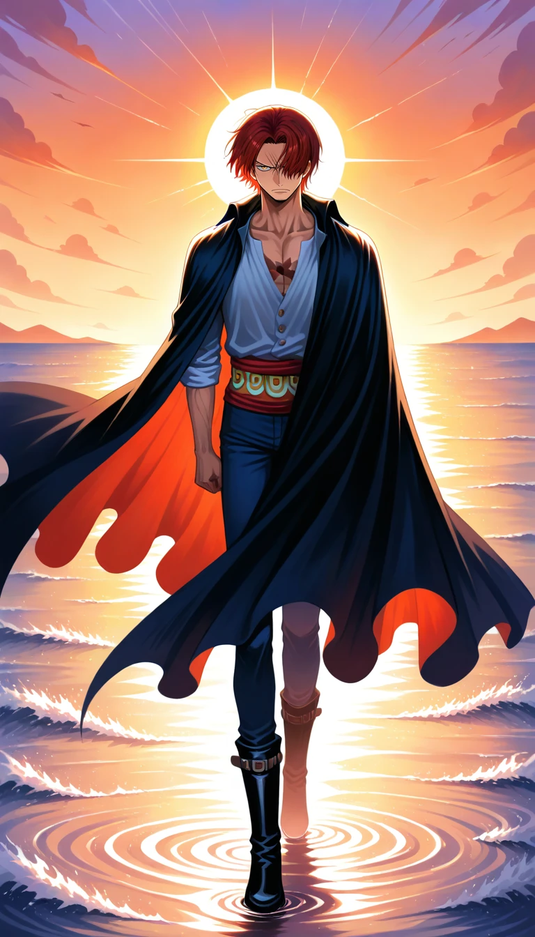 Anime wallpaper for prompt: Shanks on a rocky outcrop, silhouette framed by an orange sunset.