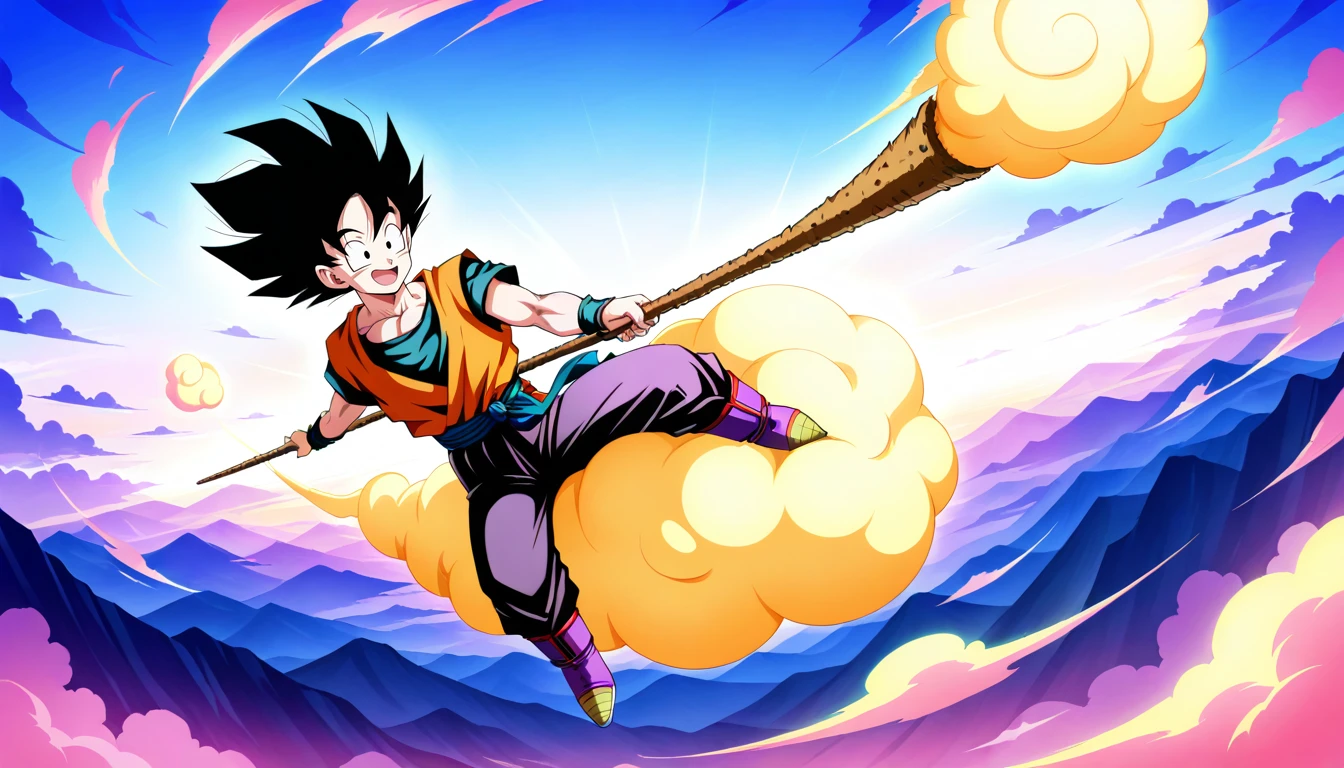 Anime wallpaper for prompt: Goku on Nimbus, soaring over colorful clouds at sunset.
