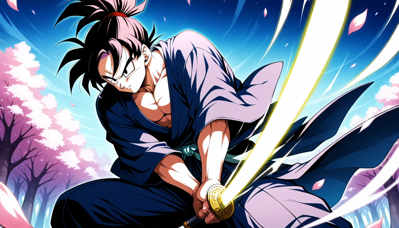 Anime wallpaper for prompt: Goku as a samurai, katana glowing in a cherry blossom forest.