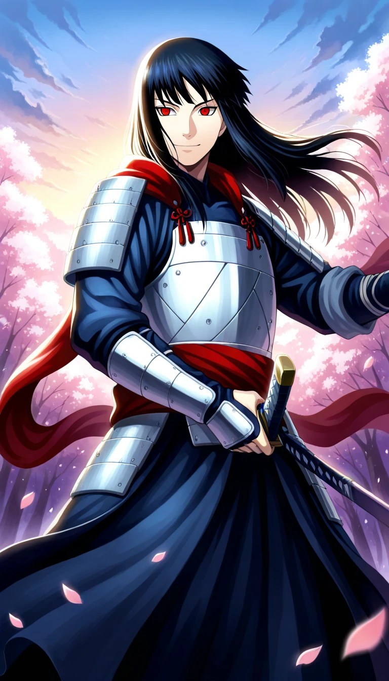 Anime wallpaper for prompt: Itachi as a samurai on a battlefield, cherry blossoms drifting.