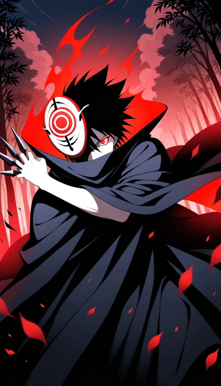 Anime wallpaper for prompt: Itachi battling shadowy figures in a glowing forest.