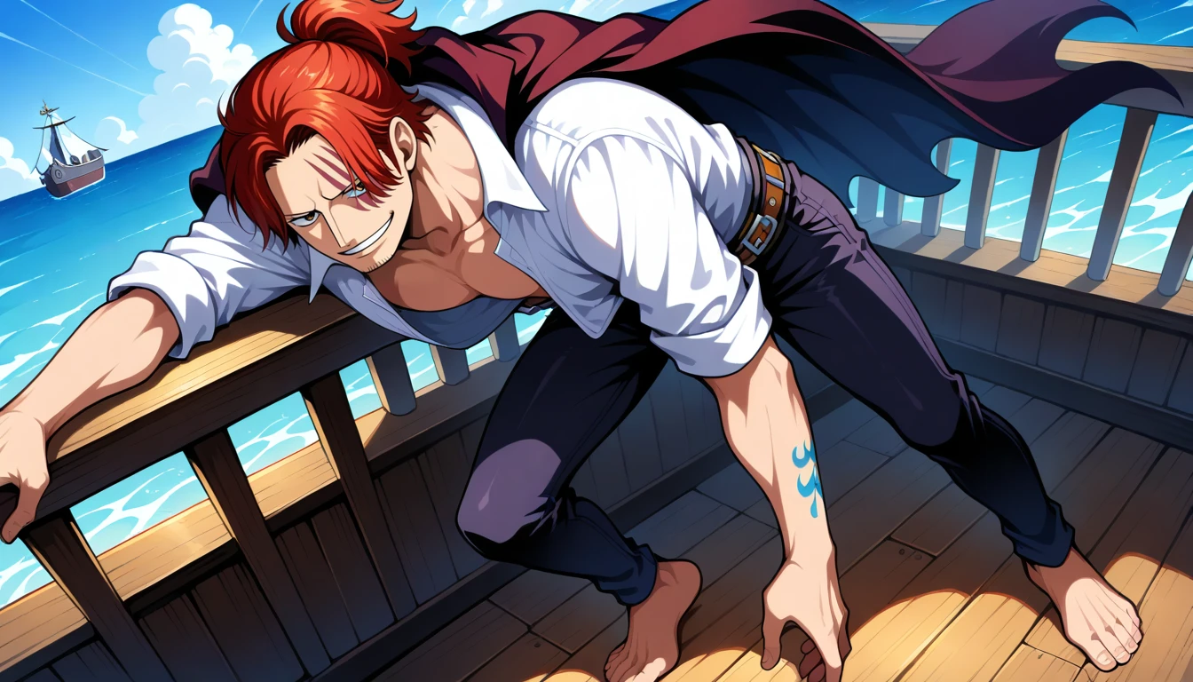 Anime wallpaper for prompt: Shanks leaning on the rail, smiling confidently in the ocean breeze.