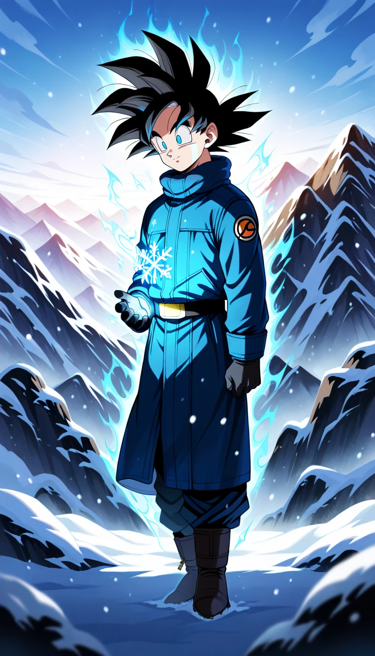 Anime wallpaper for prompt: Goku standing alone on a snowy peak, aura glowing softly in the storm.