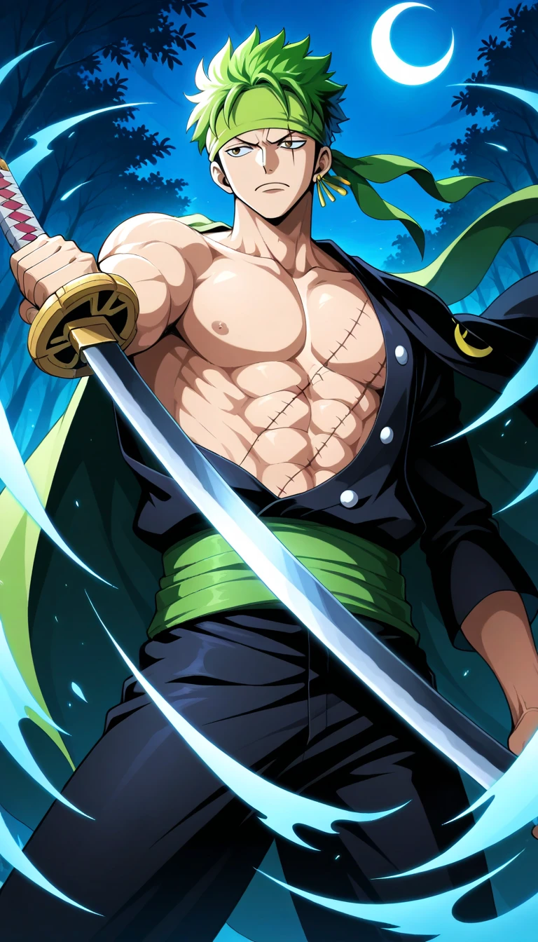 Anime wallpaper for prompt: Zoro under a crescent moon, holding his katana, shadows framing him.