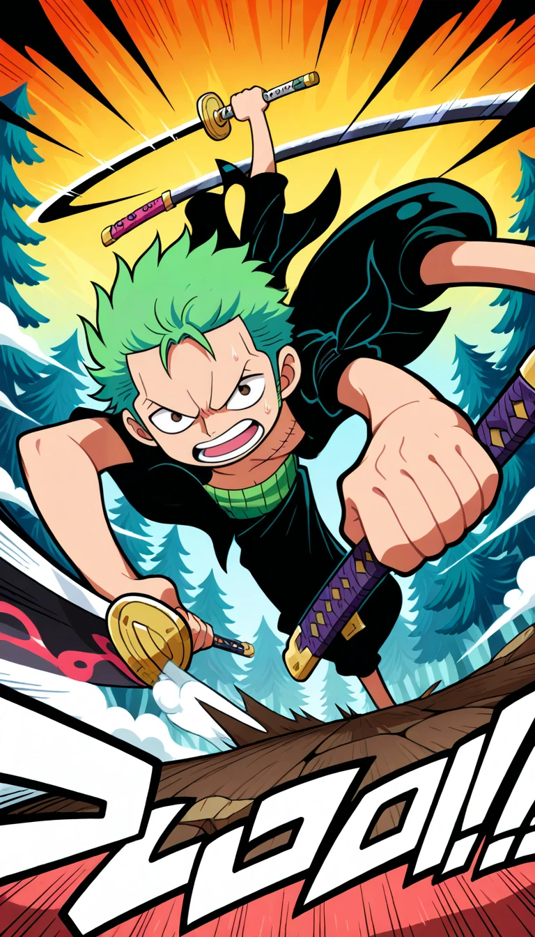 Anime wallpaper for prompt: Chibi Zoro fighting bandits in a cartoonish battle.