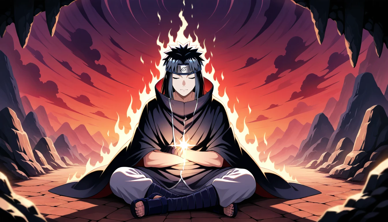 Anime wallpaper for prompt: Itachi meditating in a glowing cave with mysterious symbols.