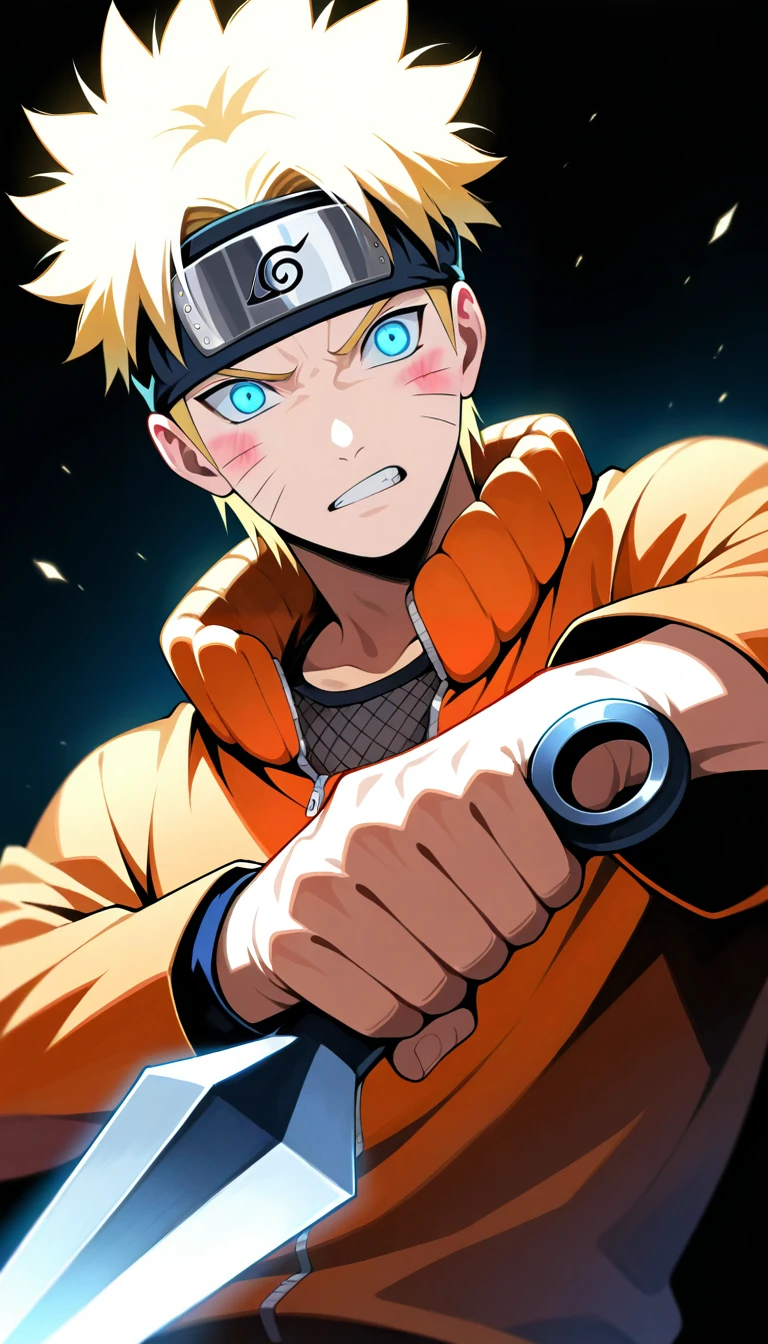 Anime wallpaper for prompt: Naruto holding a glowing kunai, his gaze sharp in pitch blackness.