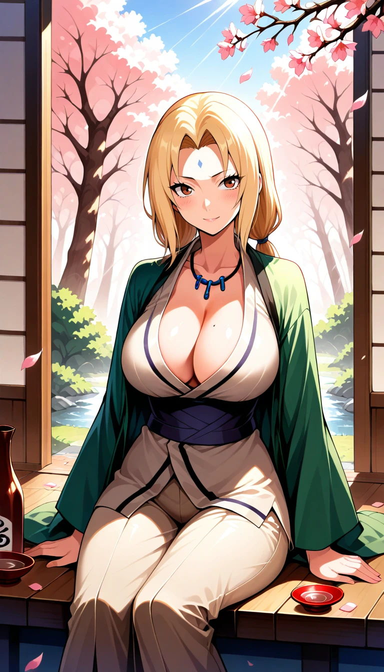 Anime wallpaper for prompt: Tsunade sitting under a blooming sakura tree, sake bottle beside her.
