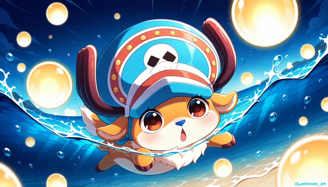 Anime wallpaper for prompt: Chibi Chopper floating in a bubble, amazed by the glowing ocean.