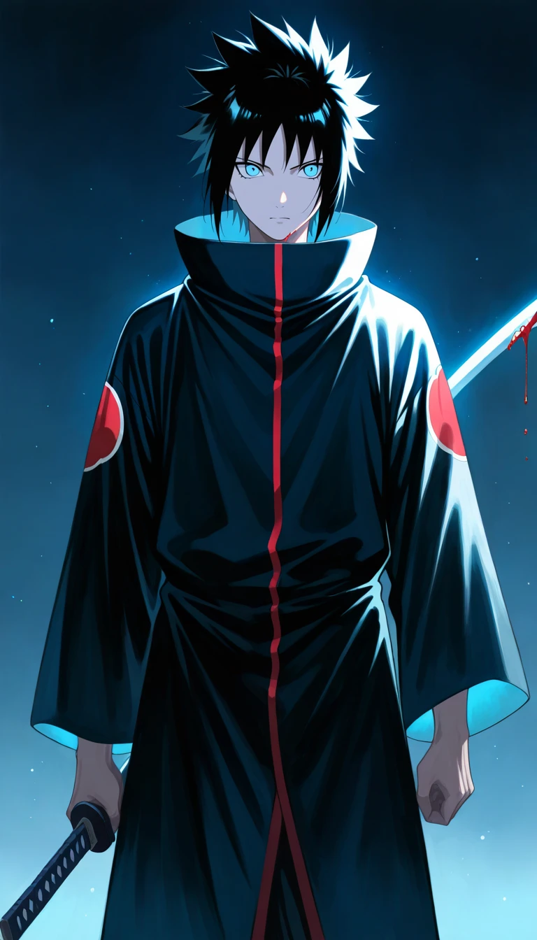 Anime wallpaper for prompt: Sasuke gazing at his katana, blood dripping, with calm focus.